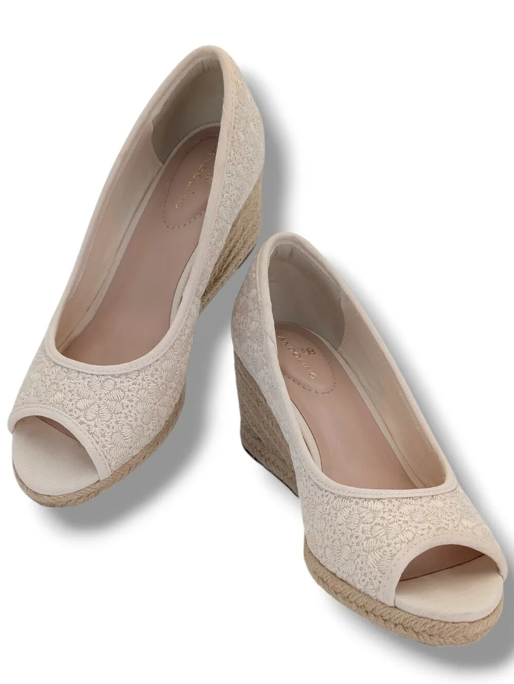 Bandolino Nuri Sz 6.5M Natural Linen Floral Espadrille Jute-Wrapped Wedge Sandal